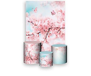 Painel De Festa Vertical + Trio De Capas Cilindro - Flor Sakura Cerejeira Realista