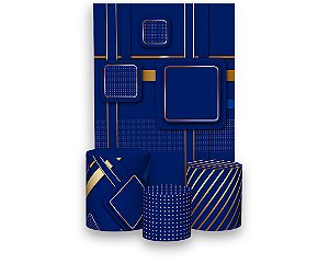 Painel De Festa Vertical + Trio De Capas Cilindro - Azul Geometrico Quadrados Dourados