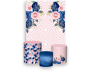 Painel De Festa Vertical + Trio De Capas Cilindro - Geometrico Greek Rosa com Floral Azul e Dourado