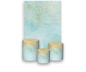 Painel De Festa Vertical + Trio De Capas Cilindro - Efeito Glitter Dourado e Marmore Tiffany