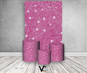 Painel De Festa Vertical + Trio De Capas Cilindro - Efeito Glitter Rosa Pink
