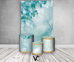 Painel De Festa Vertical + Trio De Capas Cilindro - Efeito Marmore Flores Azul Tiffany