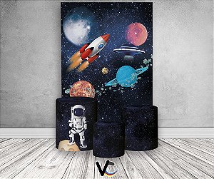Painel De Festa Vertical + Trio De Capas Cilindro - Espaço Galaxia com Foguete