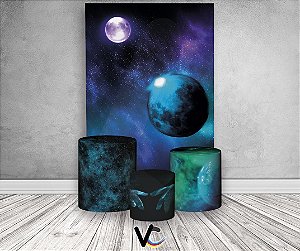 Painel De Festa Vertical + Trio De Capas Cilindro - Galaxia Universo Azul e Verde