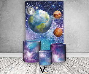 Painel De Festa Vertical + Trio De Capas Cilindro - Galáxia Planetas