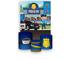 Painel De Festa Vertical + Trio De Capas Cilindro - Policia Cute Delegacia