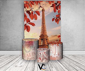 Painel De Festa Vertical + Trio De Capas Cilindro - Paris Torre Eiffel Aquarela