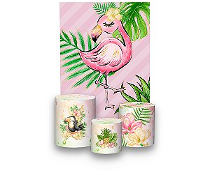 Painel De Festa Vertical + Trio De Capas Cilindro - Flamingo Tropical Rosa