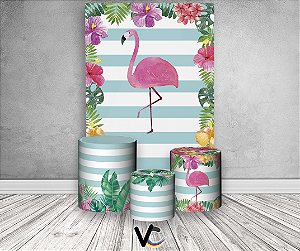 Painel De Festa Vertical + Trio De Capas Cilindro - Flamingo Tropical Watercolor