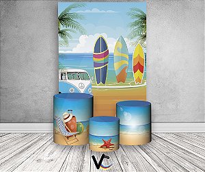 Painel De Festa Vertical + Trio De Capas Cilindro - Praia Beach Surf