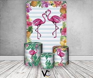 Painel De Festa Vertical + Trio De Capas Cilindro - Flamingo Tropical Duplo