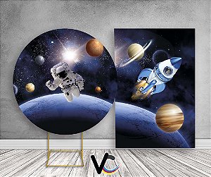 Painel Redondo + Painel Vertical - Astronauta Galaxia Planetas