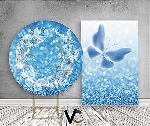 Painel Redondo + Painel Vertical - Borboleta Brilhante Efeito Glitter Azul