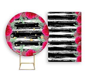 Painel Redondo + Painel Vertical - Listras Preto e Branco Com Flores