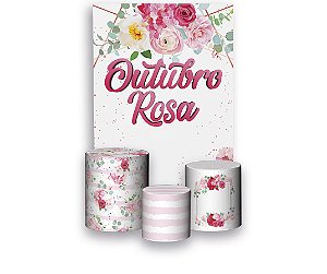 Painel De Festa Vertical + Trio De Capas Cilindro - Outubro Rosa Floral