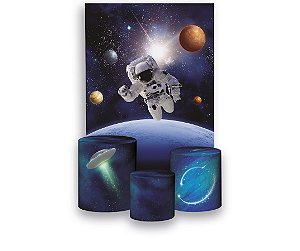 Painel De Festa Vertical + Trio De Capas Cilindro - Astronauta Galáxia Planetas Escuro
