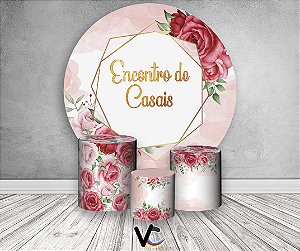 Painel de Festa 3d + Trio Capa Cilindro - Encontro de Casais Rosa Floral