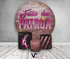 Painel de Festa 3d + Trio Capa Cilindro - Efeito Rosa Metalizado Glitter Festa da Patroa