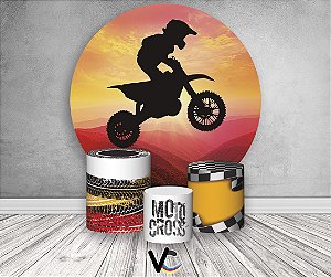 Painel de Festa 3d + Trio Capa Cilindro - Motocross Por do Sol
