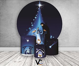Painel de Festa 3d + Trio Capa Cilindro - Sagrada Família Natal Azul