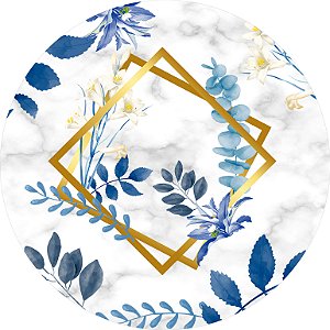 Painel de Festa em Tecido - Geometrico Marmore e Flores Azul