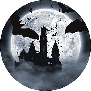 Painel de Festa em Tecido - Lua Com Castelo Assombrado Halloween