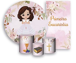 Painel de Festa 3d + Trio Capa Cilindro + Faixa Veste Fácil - Primeira Eucaristia Comunhão Menina