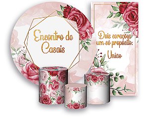 Painel de Festa 3d + Trio Capa Cilindro + Faixa Veste Fácil - Encontro de Casais Rosa Floral