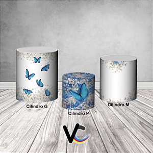 Trio De Capas De Cilindro 3d - Borboleta Azul Floral