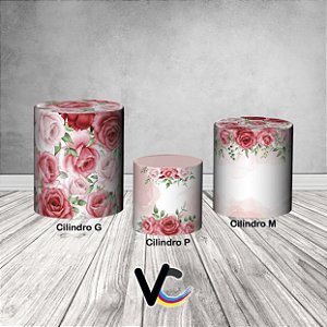 Trio De Capas De Cilindro 3d - Geométrico Floral Rosa