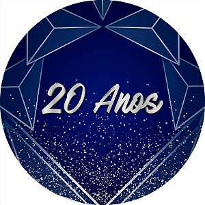 Painel de Festa em Tecido - Redondo Azul Geométrico Prateado 20 Anos