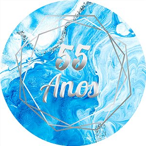 Painel de Festa em Tecido - Idade Efeito Marmorizado Azul Com Prata 55 Anos