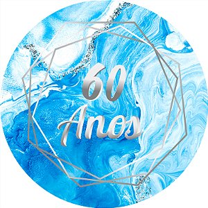 Painel de Festa em Tecido - Idade Efeito Marmorizado Azul Com Prata 60 Anos