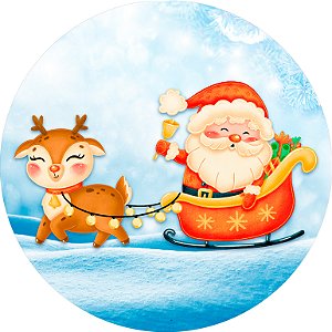 Painel de Festa em Tecido - Natal Neve Papai Noel e Rena