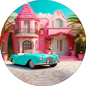 Painel de Festa em Tecido - Casa de Boneca Rosa Fashion com Carro Azul Ciano