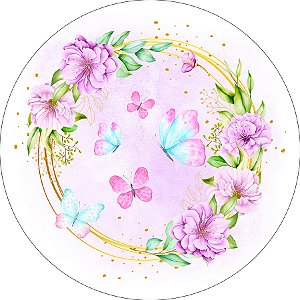 Painel de Festa Redondo em Tecido - Borboletas Aquarela Floral Lilás 030