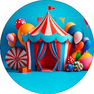 Painel de Festa Redondo em Tecido - Circo Clássico Tenda Azul Claro e Vermelho 038