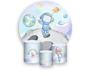 Painel de Festa 3d + Trio Capa Cilindro - Astronauta Aquarela Candy Na Lua