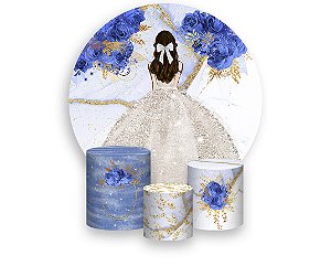 Painel de Festa 3d + Trio Capa Cilindro - Princesa Marmorizado com Flores Azul Vestido Branco