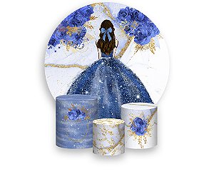 Painel de Festa 3d + Trio Capa Cilindro - Princesa Marmorizado com Flores Azul