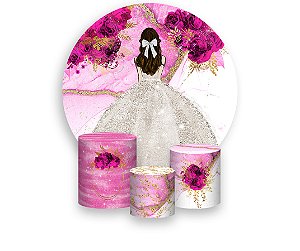 Painel de Festa 3d + Trio Capa Cilindro - Princesa Marmorizado com Flores Pink Vestido Branco