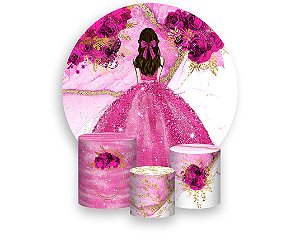 Painel de Festa 3d + Trio Capa Cilindro - Princesa Marmorizado com Flores Pink