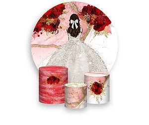 Painel de Festa 3d + Trio Capa Cilindro -  Princesa Marmorizado com Flores Vermelha Vestido Branco