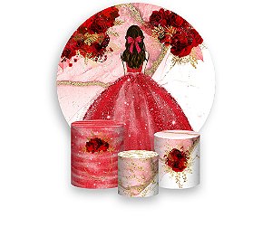 Painel de Festa 3d + Trio Capa Cilindro -  Princesa Marmorizado com Flores Vermelha