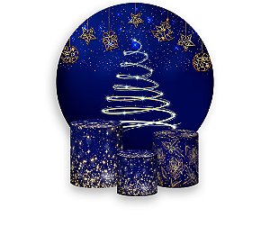 Painel de Festa 3d + Trio Capa Cilindro - Efeito Árvore de Natal Brilhante Fundo Azul