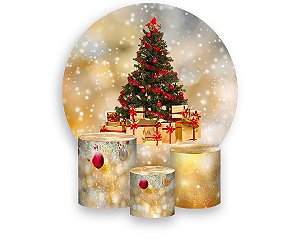 Painel de Festa 3d + Trio Capa Cilindro - Árvore de Natal Tons Dourados Elegante