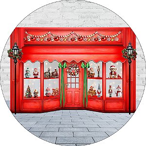 Painel de Festa em Tecido - Natal Loja de Brinquedos Vermelha