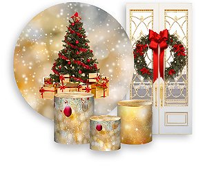 Painel de Festa 3d + Trio Capa Cilindro + Faixa Veste Fácil - Árvore De Natal Tons Dourados Elegante