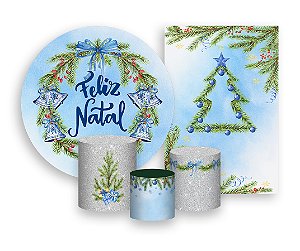 Painel De Festa Redondo + Vertical 3D + Trio Capa Cilindro - Feliz Natal Azul Guirlanda