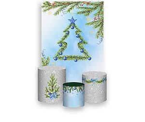 Painel De Festa Vertical + Trio De Capas Cilindro - Árvore de Natal Folhagens Azul